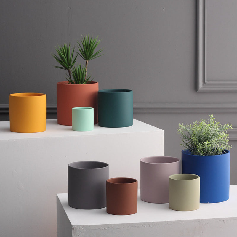 Nordic Industrial Style Colorful Ceramic Flowerpot Succulent Planter Green Plants Cylindrical Shape Flower Pot with Hole Tray