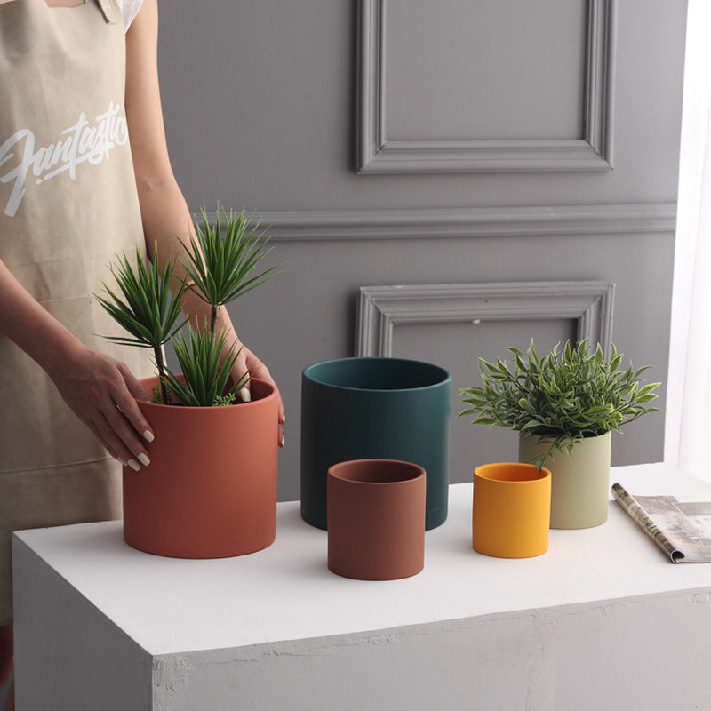 Nordic Industrial Style Colorful Ceramic Flowerpot Succulent Planter Green Plants Cylindrical Shape Flower Pot with Hole Tray
