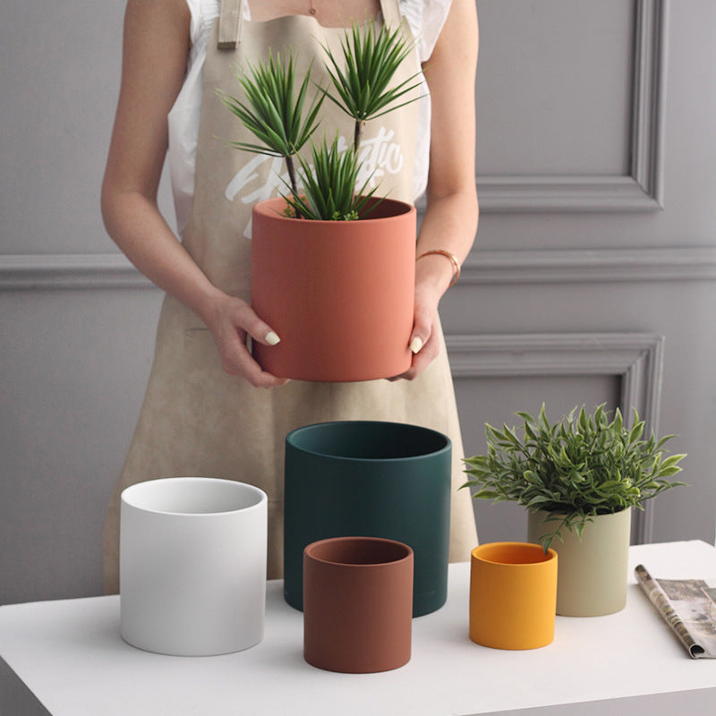 Nordic Industrial Style Colorful Ceramic Flowerpot Succulent Planter Green Plants Cylindrical Shape Flower Pot with Hole Tray
