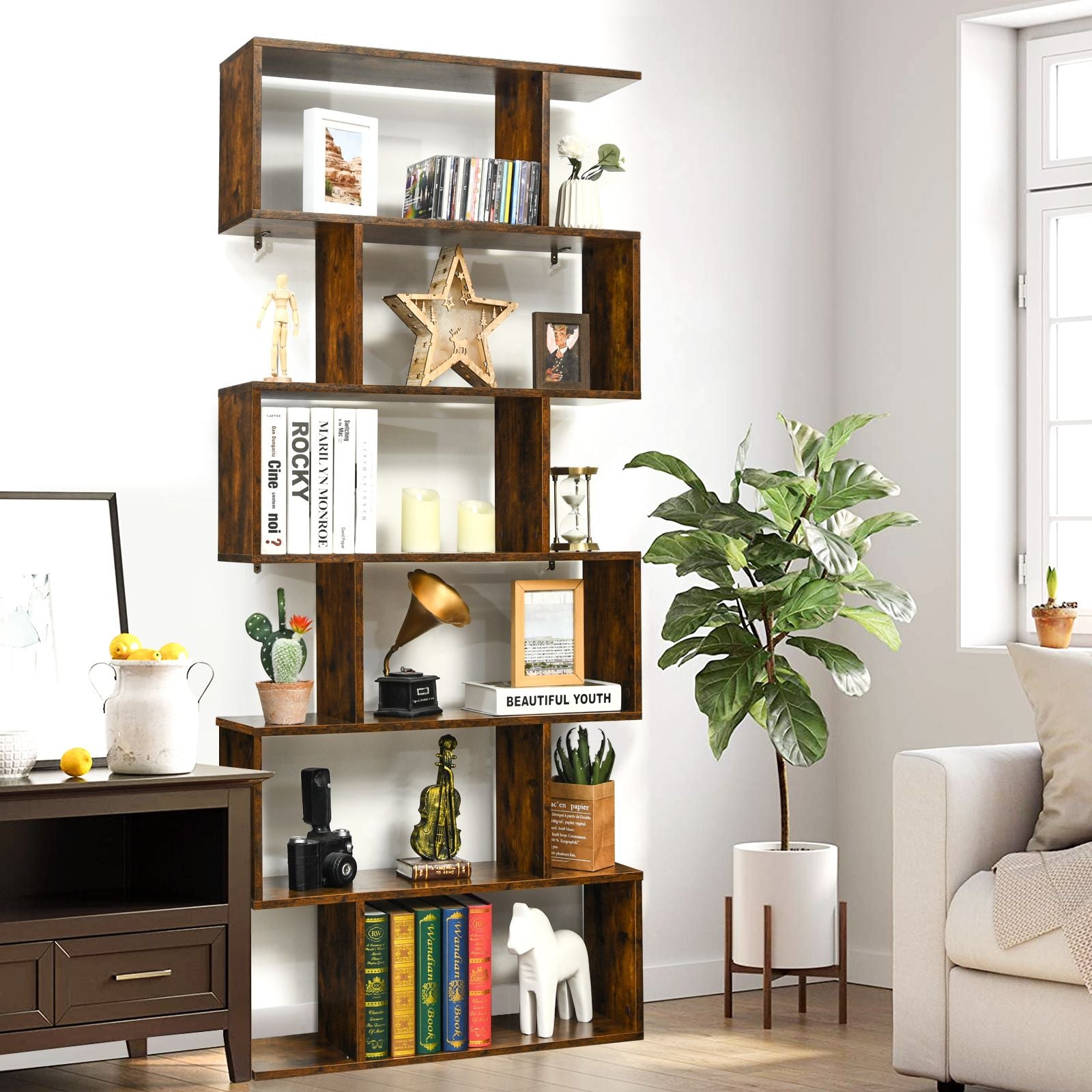 6-Tier S-Shaped Wooden Industrial Bookshelf