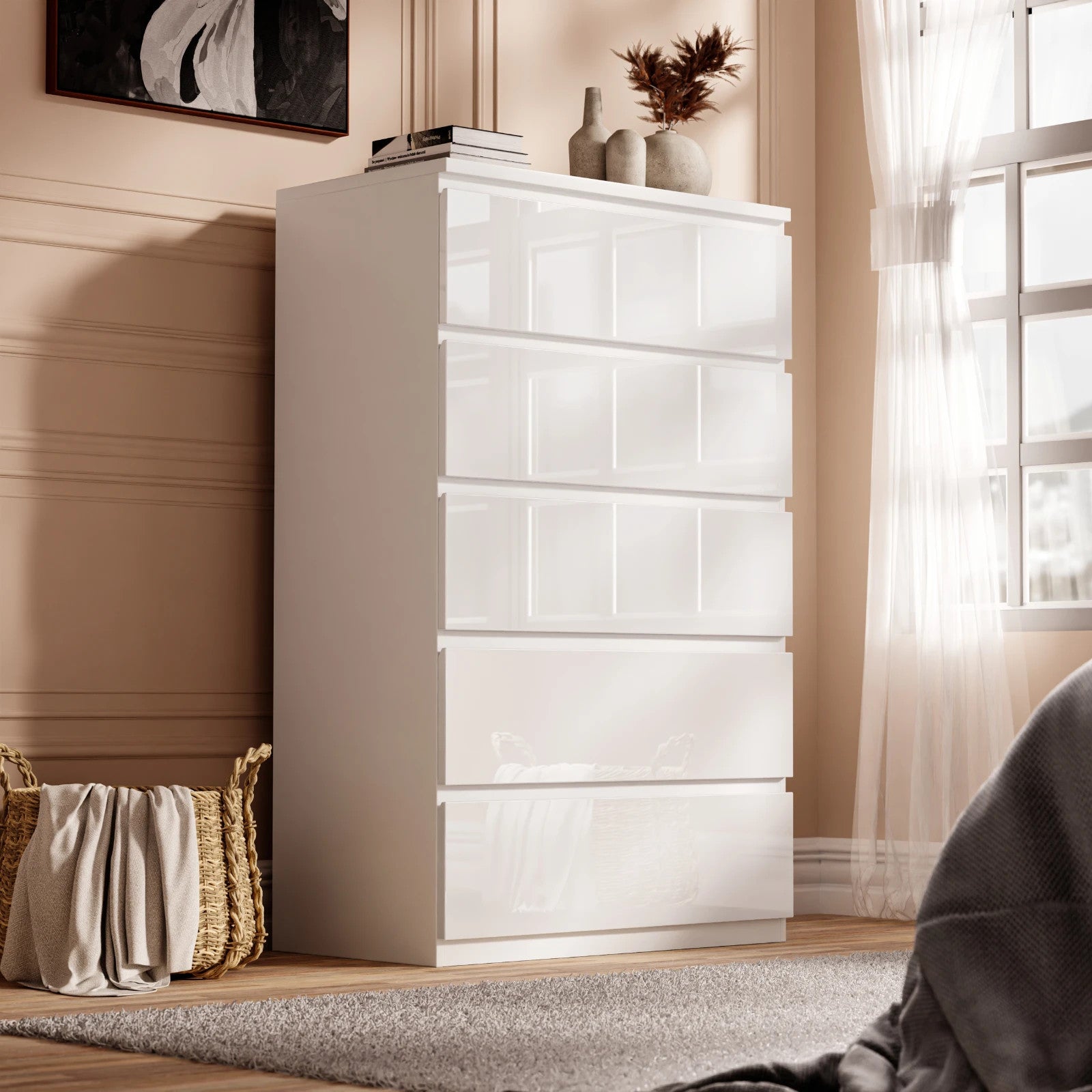 High Gloss Chest of Drawers Bedside Cabinet Tall Wide Storage Bedroom Furniture