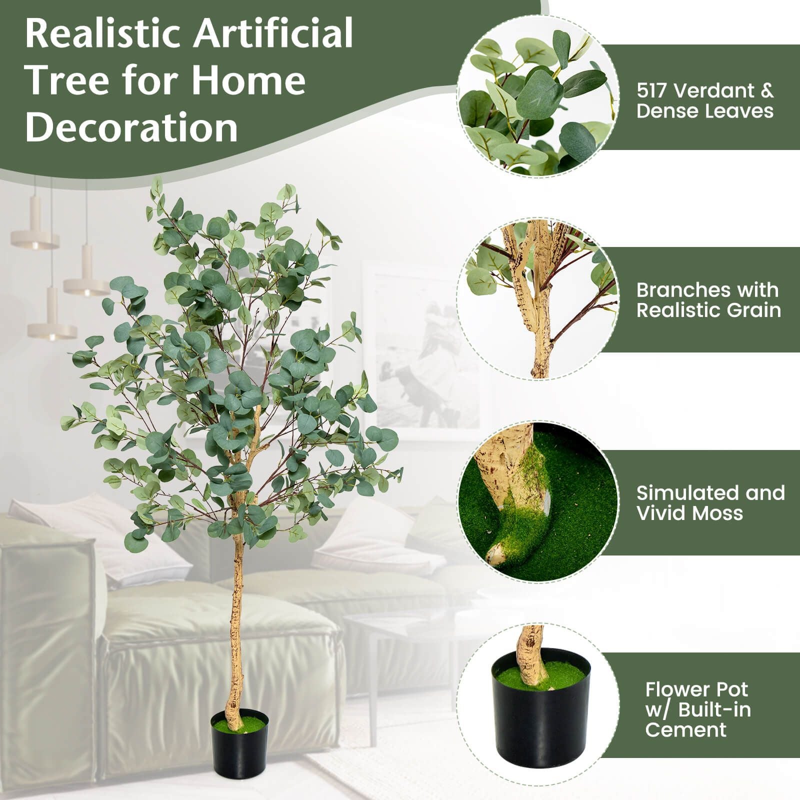 1.4/1.65 M Artificial Eucalyptus Tree with Silver Dollar Leaves