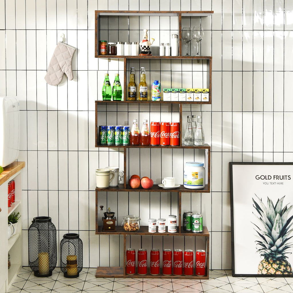 6-Tier S-Shaped Wooden Industrial Bookshelf