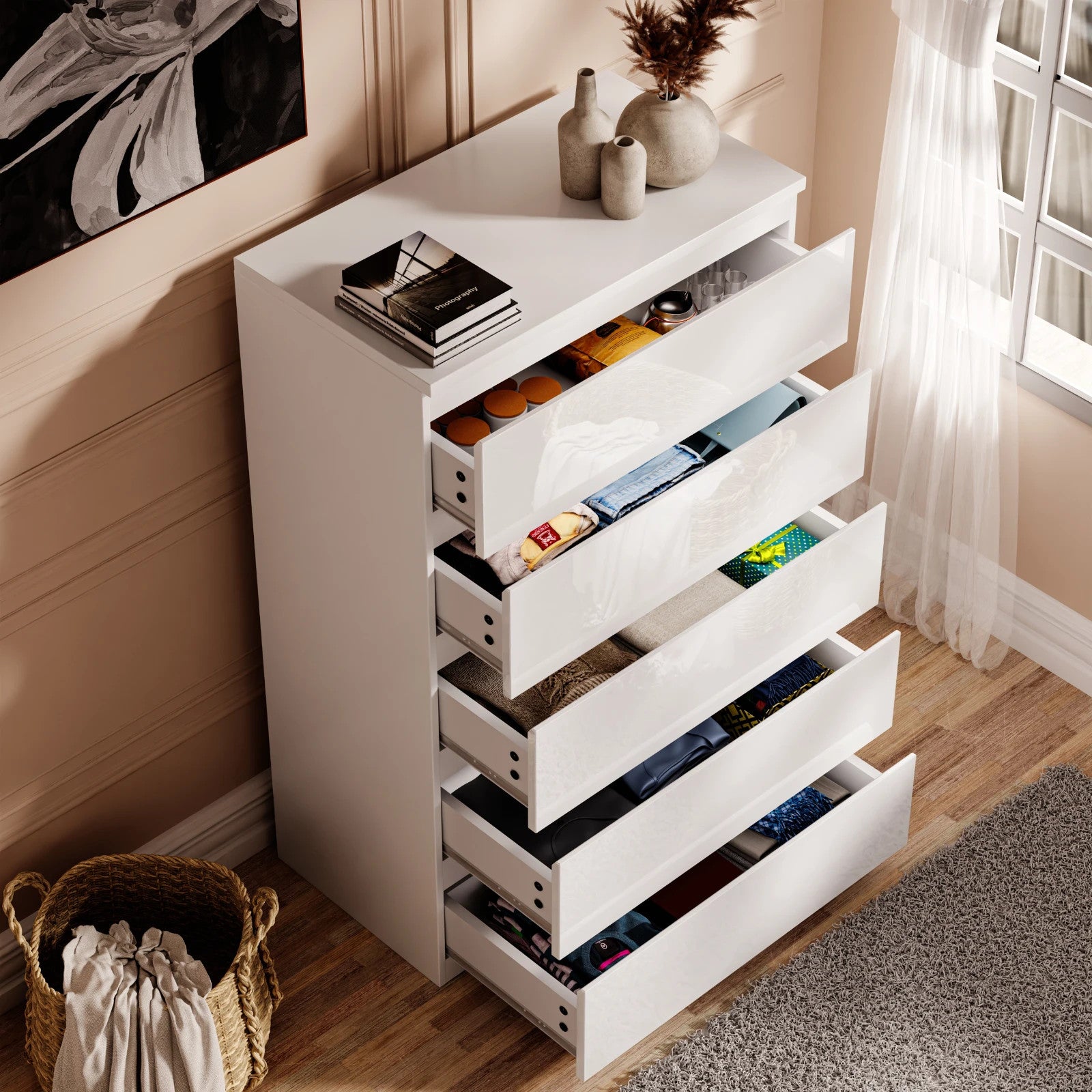 High Gloss Chest of Drawers Bedside Cabinet Tall Wide Storage Bedroom Furniture